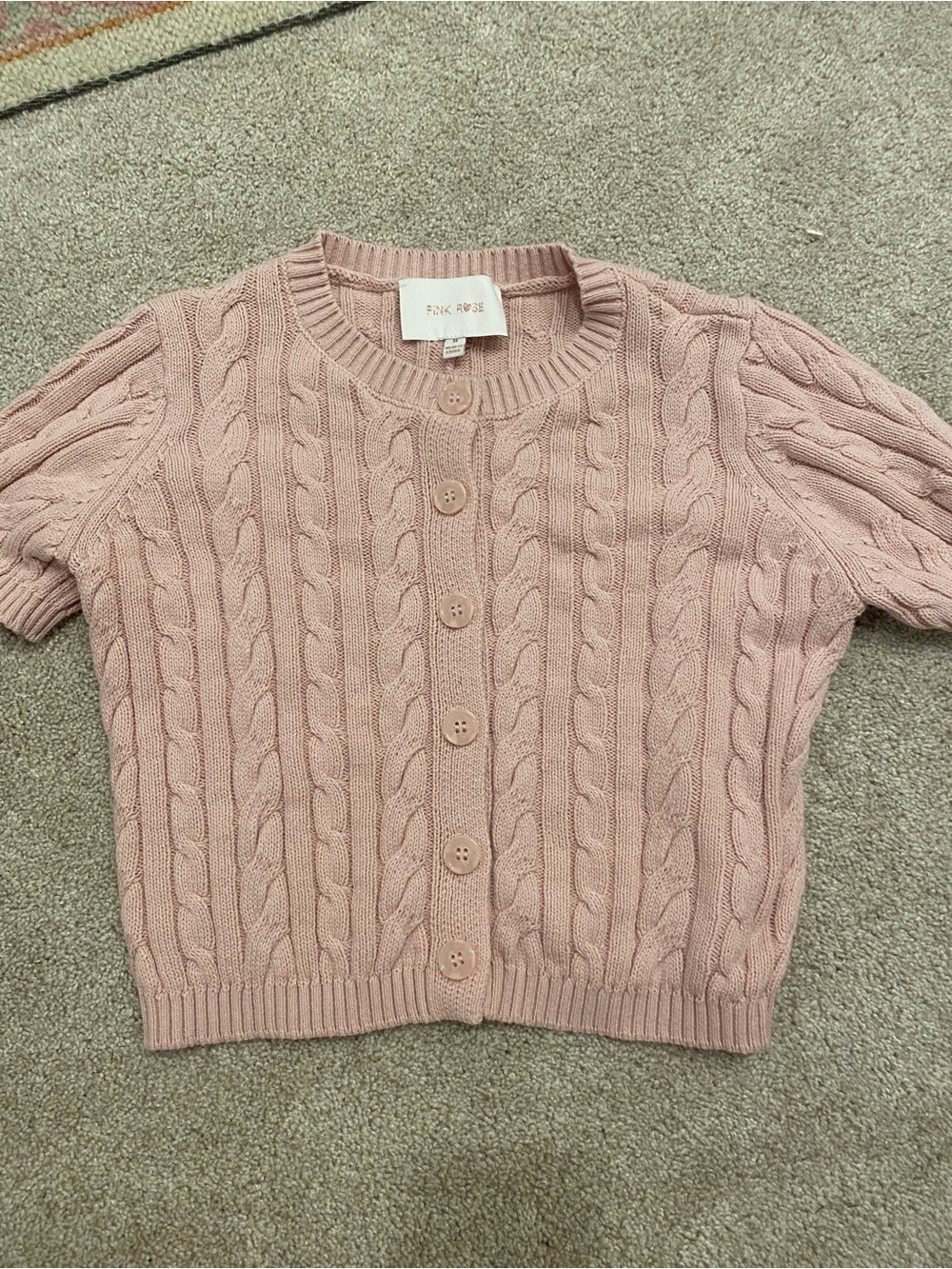 Pink Rose Blush Pink Cable Knit Button-Up Short Sleeve Cardigan